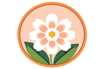 White Daisy Flower Illustration with Green Leaves - Floral Design in Peach Circle - Vector Graphic for Spring and Summer Themes - Nature Inspired Art