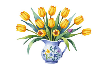 Watercolor Yellow Tulips in Decorative Pitcher- Spring Flowers Bouquet Illustration for Easter and Mother's Day- Beautiful Floral Arrangement Painting for Home Decor and Crafts
