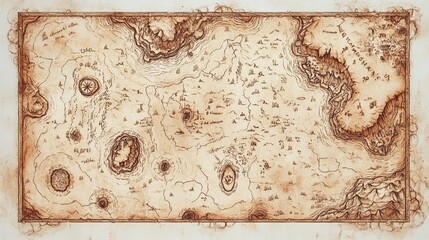 A rectangular, parchment-like map depicts a fantastical land with diverse terrain, including mountains, valleys, craters, and bodies of water.  The 