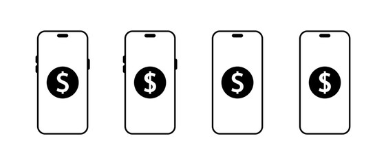 Dollar on smartphone icon set. Money balance on phone screen sign symbol
