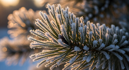 Icy Emerald: A Winter's Kiss On Evergreen Boughs In Crisp Sunlight