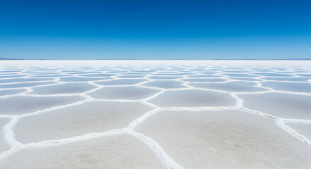 Salar De Uyuni's Geometric Cracked Salt Crust And Endless Blue Sky