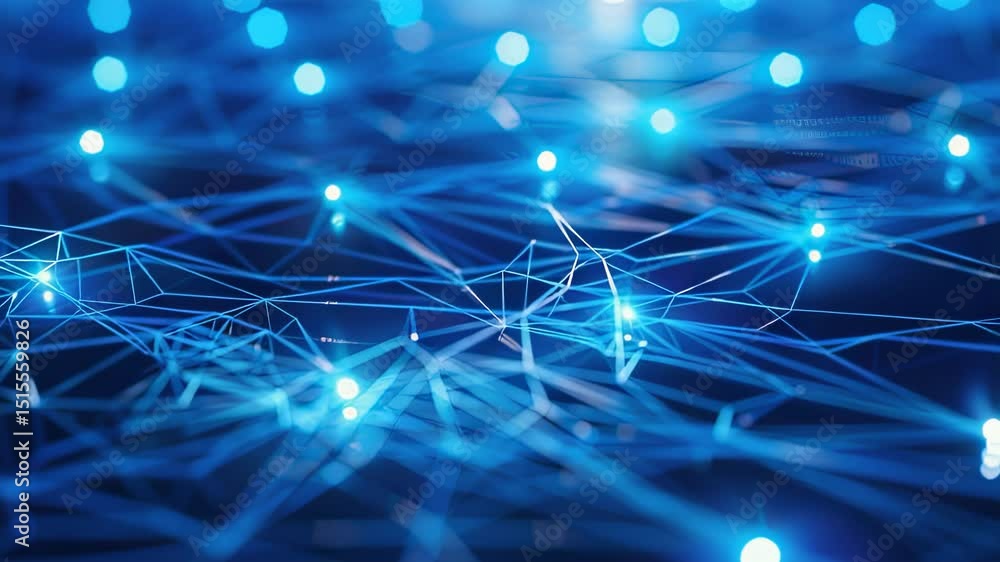 Poster abstract blue network with glowing nodes and connecting lines