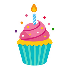 A cute cartoon cupcake with pink frosting, colorful sprinkles, and a single lit candle, suggesting a celebration.