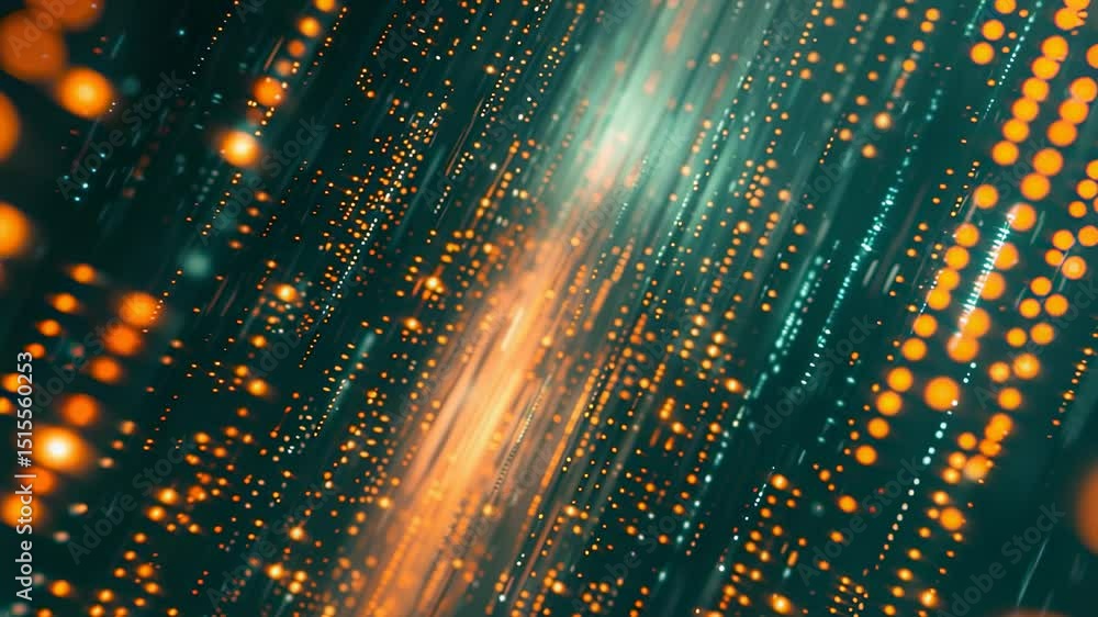 Poster abstract digital data stream with glowing orange particles and lines on a dark background, futuristi