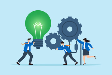 Flat illustration of employees turning giant green ESG lightbulb gear to drive corporate sustainability machine