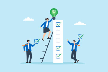 Flat illustration of employees placing green ESG lightbulb on top of checklist to represent clean energy goal achievement