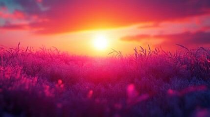 Fototapeta premium Breathtaking Sunset over Vibrant Field of Purple Flowers Creating Dreamy Atmosphere and Tranquil Scene