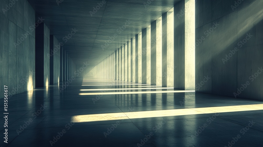 Poster long concrete corridor with receding lines and strong light shafts creating a perspective background