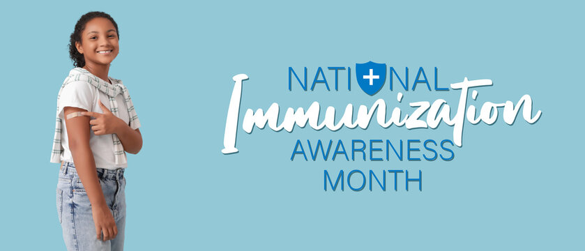 Happy ill African-American girl pointing at applied patch after vaccination on blue background