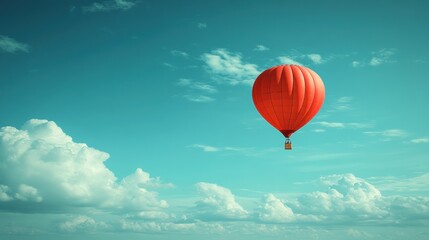 Dreamy red balloon flying through a serene teal sky and white clouds on a sunny summer day adventure