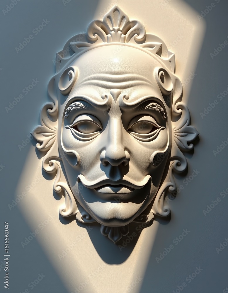 Poster ornate white mask with dramatic features and intricate patterns, illuminated by a beam of light on a