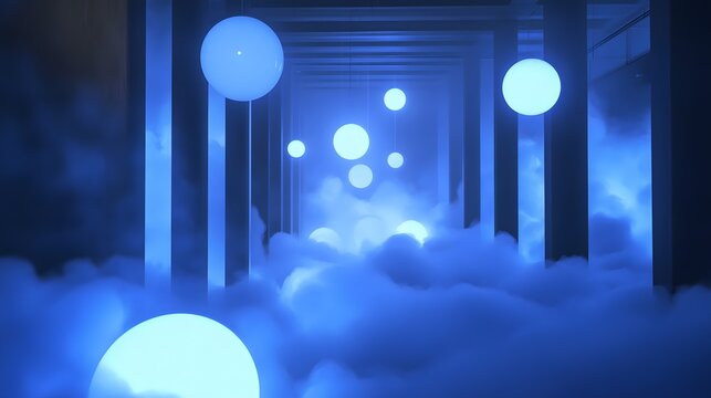 A luminous corridor bathed in ethereal blue light.