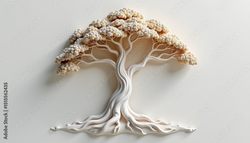 Poster a stylized, artistic tree with intricate branches and roots on a plain background, resembling a scul