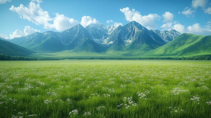 Fototapeta premium Lush meadow with wildflowers under a blue sky and majestic mountains for natural landscapes
