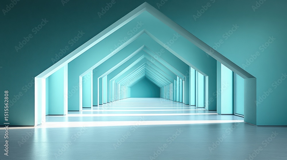Poster corridor perspective in minimalist design blue tones symmetry and modern architecture emphasizing li
