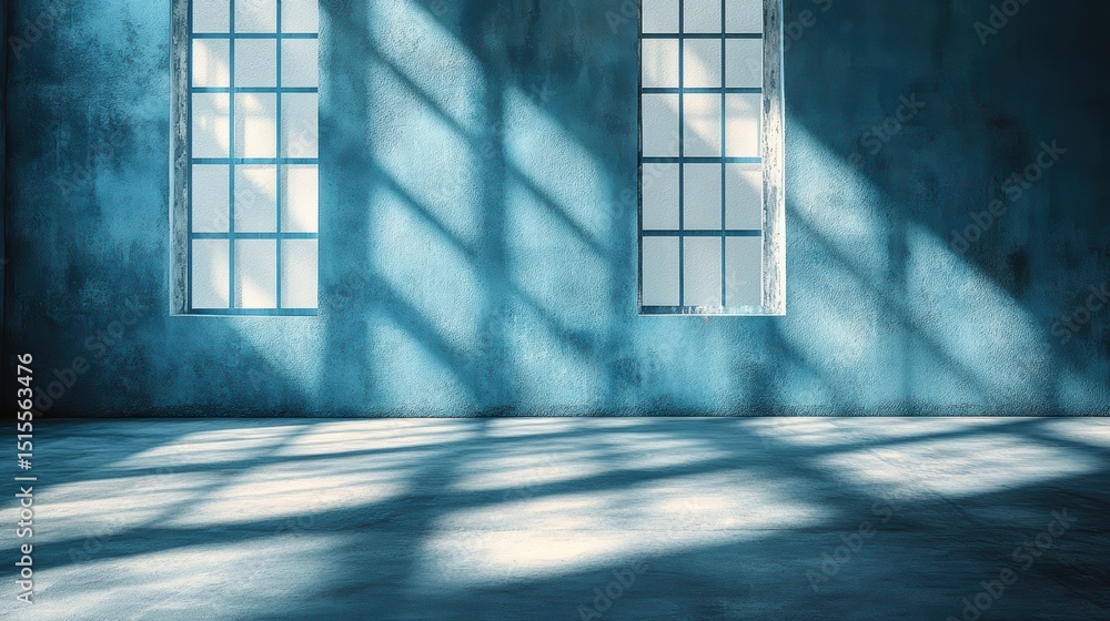 Poster interior scene with light streaming through windows onto concrete floor creating dramatic shadow pat