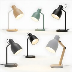 Modern Desk Lamps Collection Featuring Various Styles and Colors for Home Office. Contemporary desk lamp collection showcasing adjustable task lighting in multiple colors.
