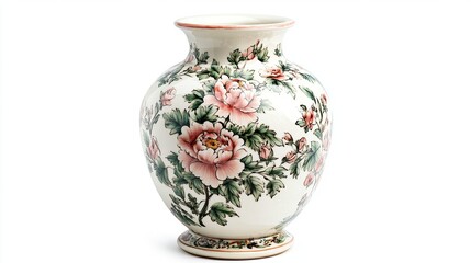 Cream-colored ceramic vase with a rounded body, a short neck, and a small foot, adorned with a hand-painted floral design featuring pink peonies and green leaves, set against a white background