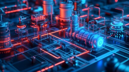Futuristic industrial complex on a circuit board.