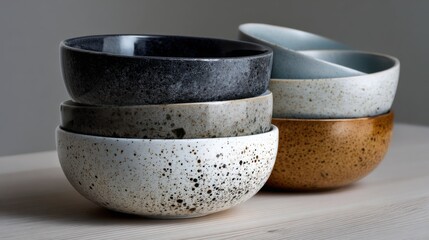 Ceramic Bowl Collection: A close-up shot presents a stack of unique, textured ceramic bowls, each with a distinctive shape and hue, evoking the essence of modern artistry.