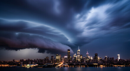 Cityscape Under Ominous Sky With Approaching Weather Front At Night