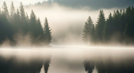 Fototapeta premium Morning Tranquility Pine Forest Over Lake With Dense Fog And Reflections