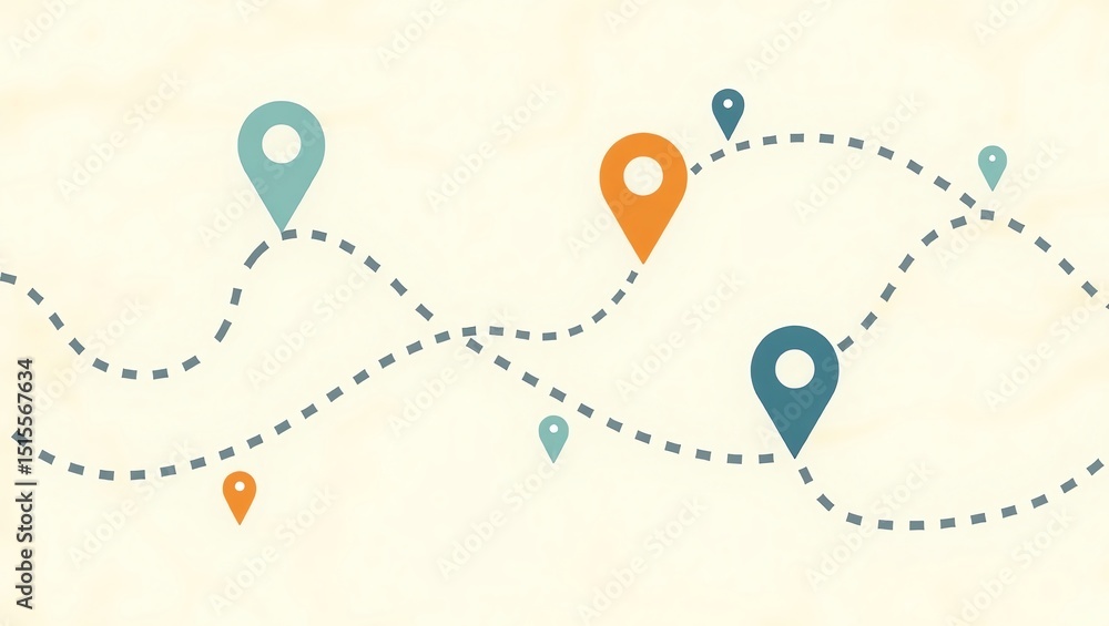 Poster route visualization with location pin icons on dotted path network