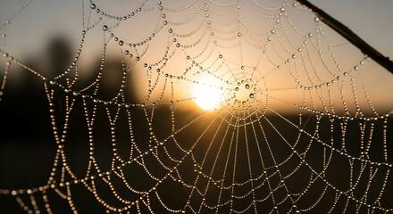 Spiderweb Adorned With Dewdrops In The Dawn Sunlight Creates A Serene View