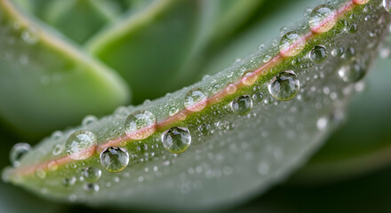 Succulent Leaf With Dew Drops Reflecting The Environment Close Up
