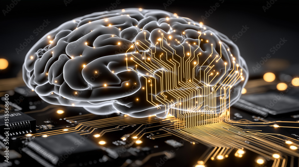 Poster ai brain circuitry: an illustrative image of a brain integrated with glowing circuits, symbolizing a