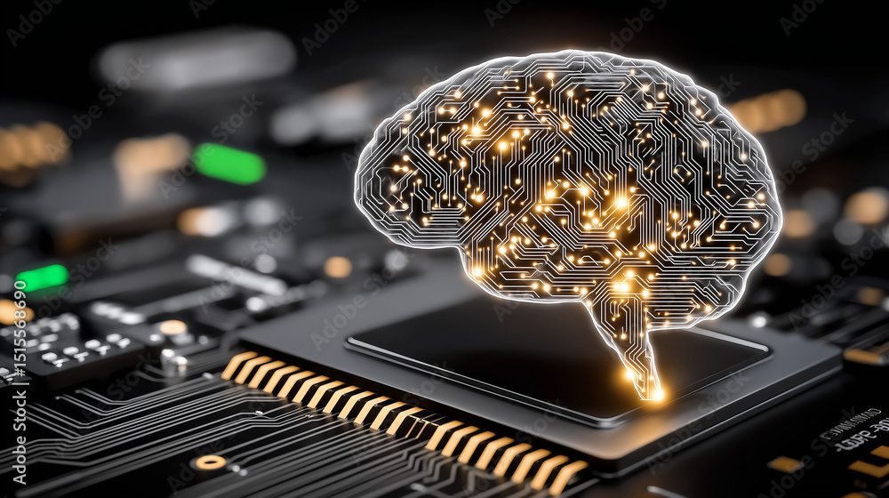 Poster digital brain on chip: a luminous, glowing brain, symbolizing artificial intelligence and innovative