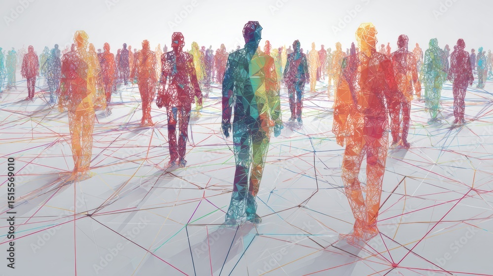Poster interconnected figures symbolize teamwork, leadership, and networking in a colorful abstract represe
