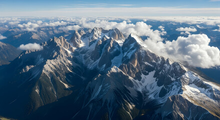 Obraz premium Majestic Mountain Range Draped in Clouds And Snow aerial Viewpoint