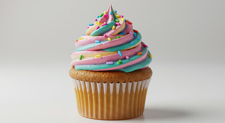 A colorful cupcake with swirled frosting and sprinkles.