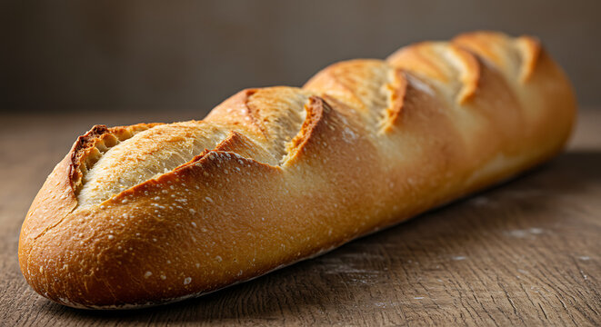 A freshly baked baguette with a crispy crust.
