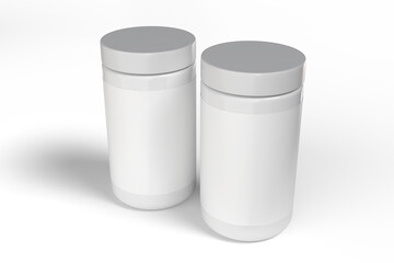 Plastic bottle jar for pills and supplements mockup packaging 3d for medicine and vitamin with blank label. Template of round closed container pharmacy capsule, pill capsule cylinder, whey protein