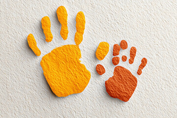 minimalist flat lay of a large handprint beside a small handprint on a neutral textured background topdown view soft shadow warm beige tones abstract ex