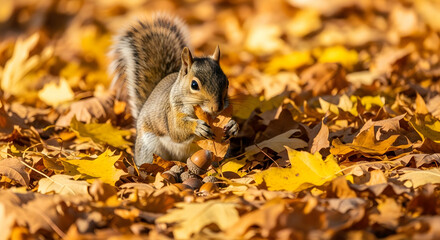 Alert Squirrel Consumes Acorn While Perched Amongst Crisp Colorful Autumnal Foliage