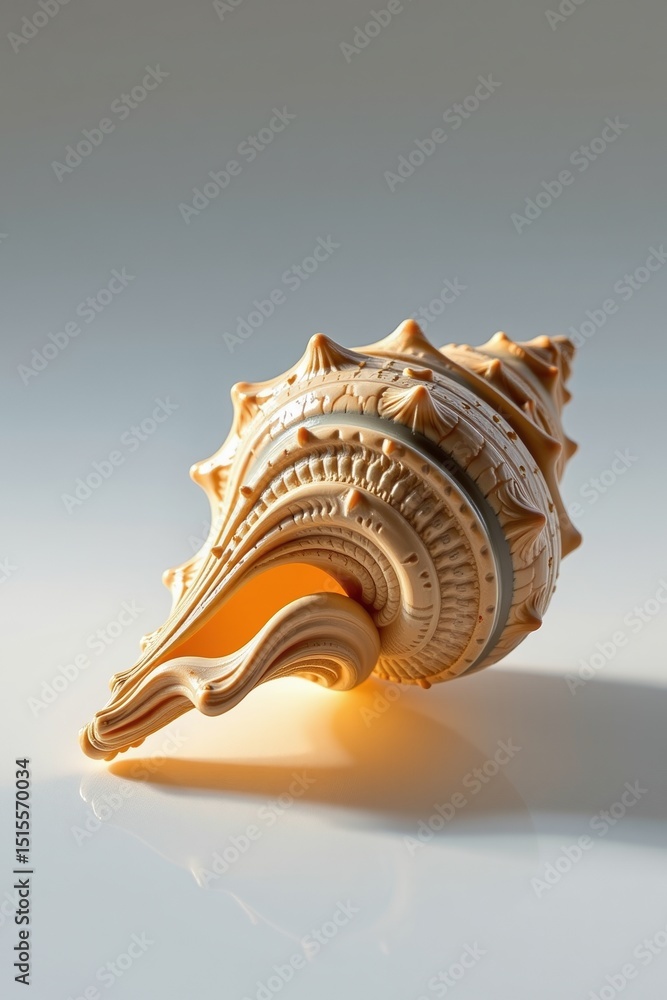 Aufkleber a detailed, textured seashell with intricate patterns sits on a smooth, reflective surface under sof