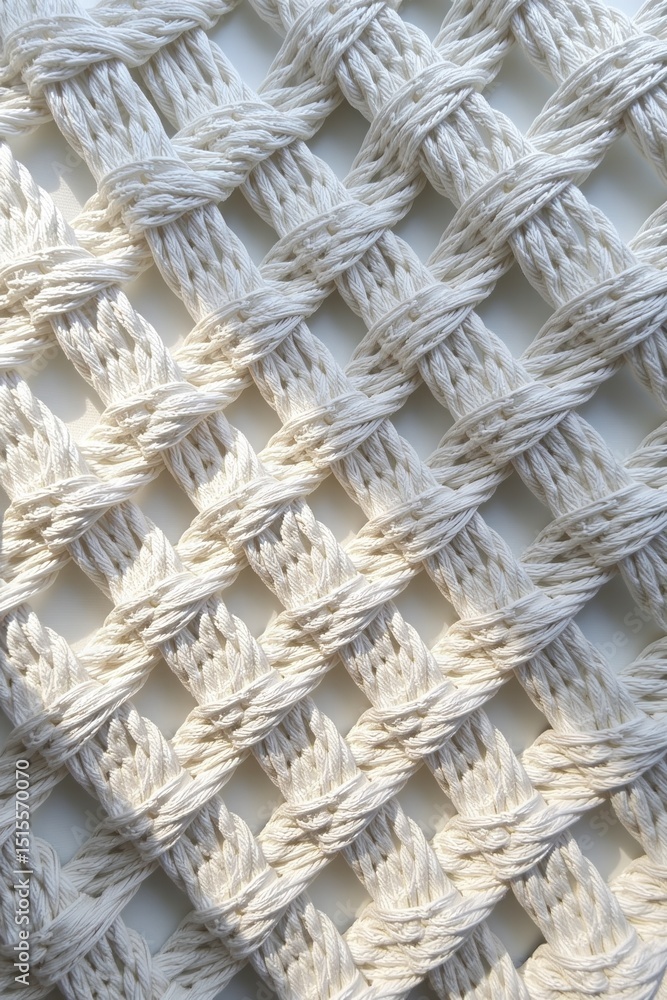 Poster close-up of intricately woven white ropes forming a grid pattern with soft shadows.