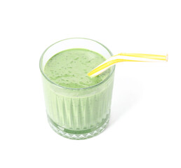 Glass of tasty green smoothie with straw on white background