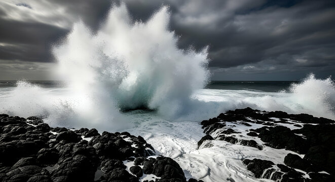 Crashing Waves Against Rocky Coastline Under Dramatic Cloudy Sky