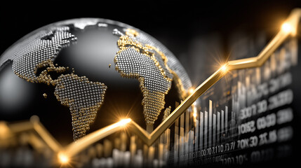 Global Economic Growth: A captivating 3D render showcasing a world globe intertwined with a dynamic golden arrow, symbolizing the upward trajectory of global markets and economic prosperity.