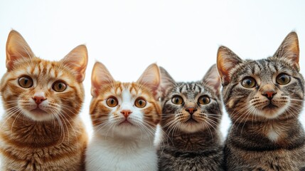 Adorable quartet of cats with bright expressive eyes against a soft white backdrop in a studio setting close up shot