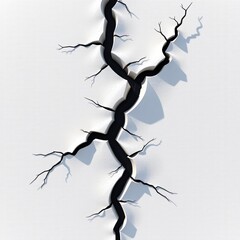 Fototapeta premium A jagged black crack splits a white surface, with branching fractures and sharp shadows, resembling damage or an earthquake fissure.