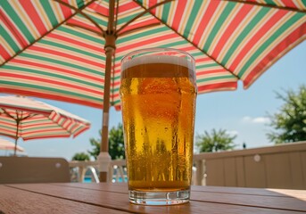 プールサイドのパラソルの下で冷えたビールを楽しむ