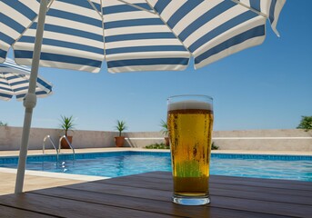プールサイドのパラソルの下で冷えたビールを楽しむ