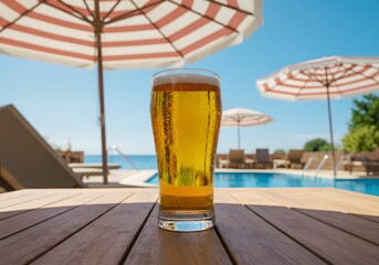プールサイドのパラソルの下で冷えたビールを楽しむ