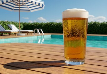 プールサイドのパラソルの下で冷えたビールを楽しむ